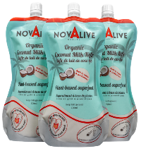 Three packages of NovAlive Organic Coconut Milk Kefir on a white background
